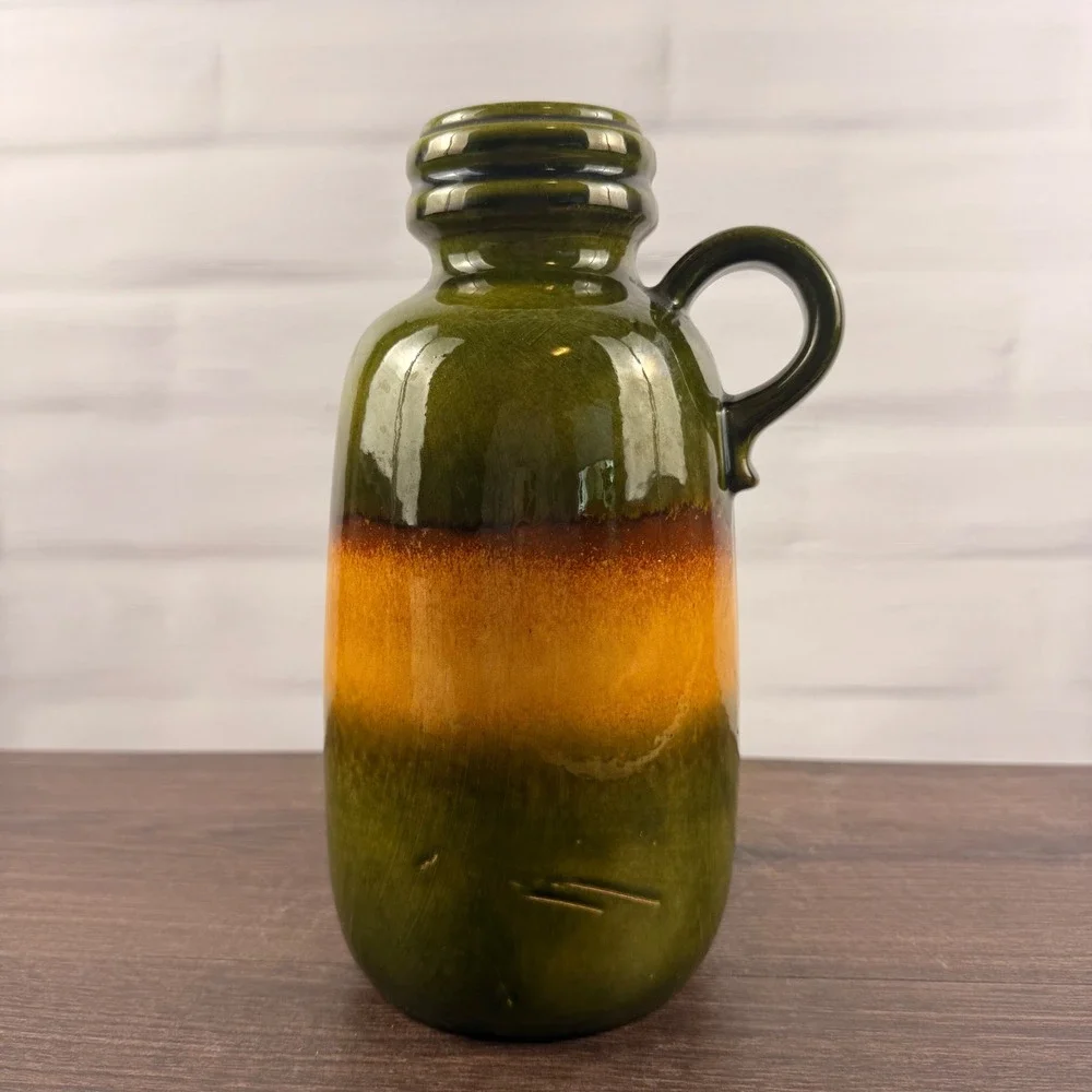 Scheurich 413-26 West German Pottery Krug Handled Vase Green Amber